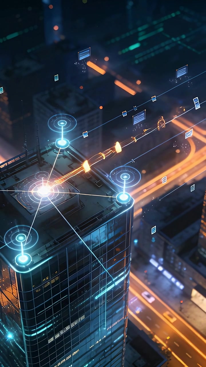 Video verticale: Instradamento dati, hub sul tetto a 4 nodi in vetro che si attiva in centro di notte, impulsi in arrivo