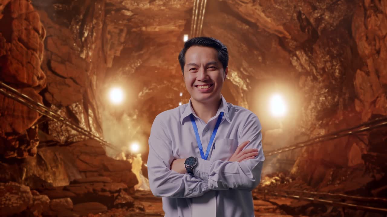 Shot Captures Of An Asian Male Professional Worker Standing In Underground Mine Tunnel, His Broad Smile At The Camera And Cross His Arm Over His Chest