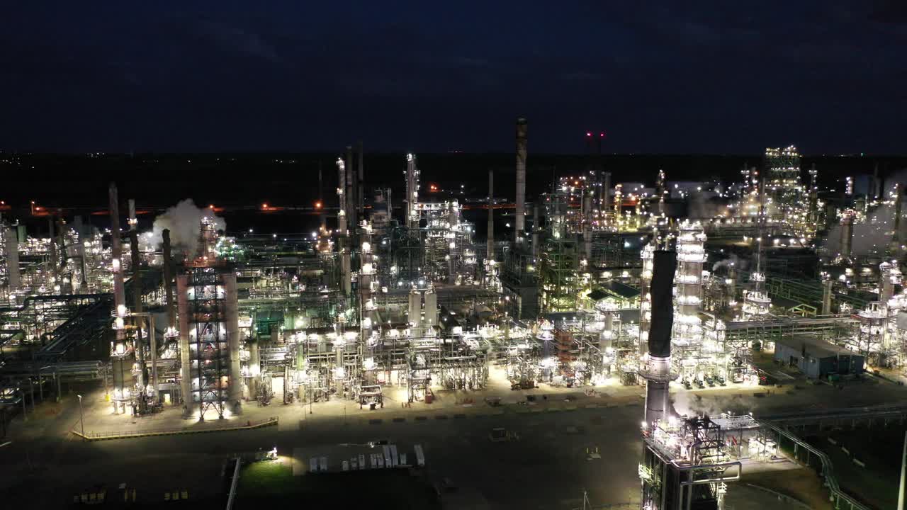 vista nocturna de una gran refinería de petróleo