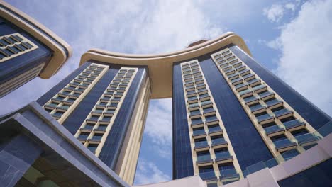 View-for-a-hotel-in-El-Alamein,-Egypt-low-angle-shot-,-wide-shot,-push-in-shot-in-the-morning-cloudy-day