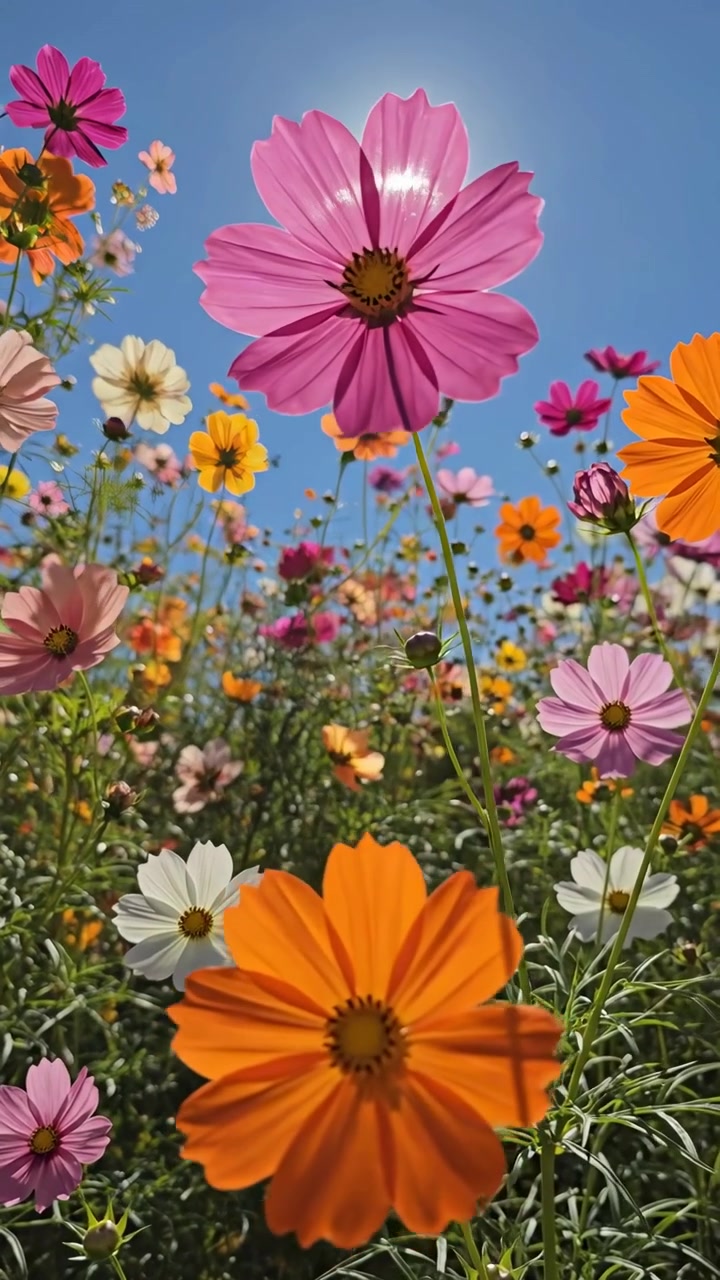 Flores Cosmos vibrantes balançando sob um céu azul brilhante