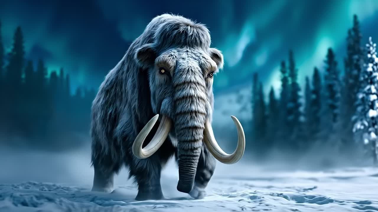 A woolly mammoth walking across a snow covered field