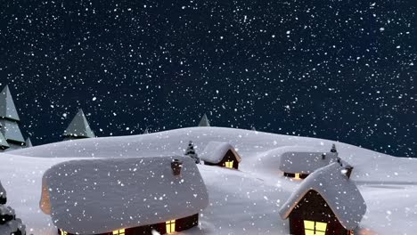 Animation-of-snow-falling-over-winter-scenery-with-houses-and-fir-trees