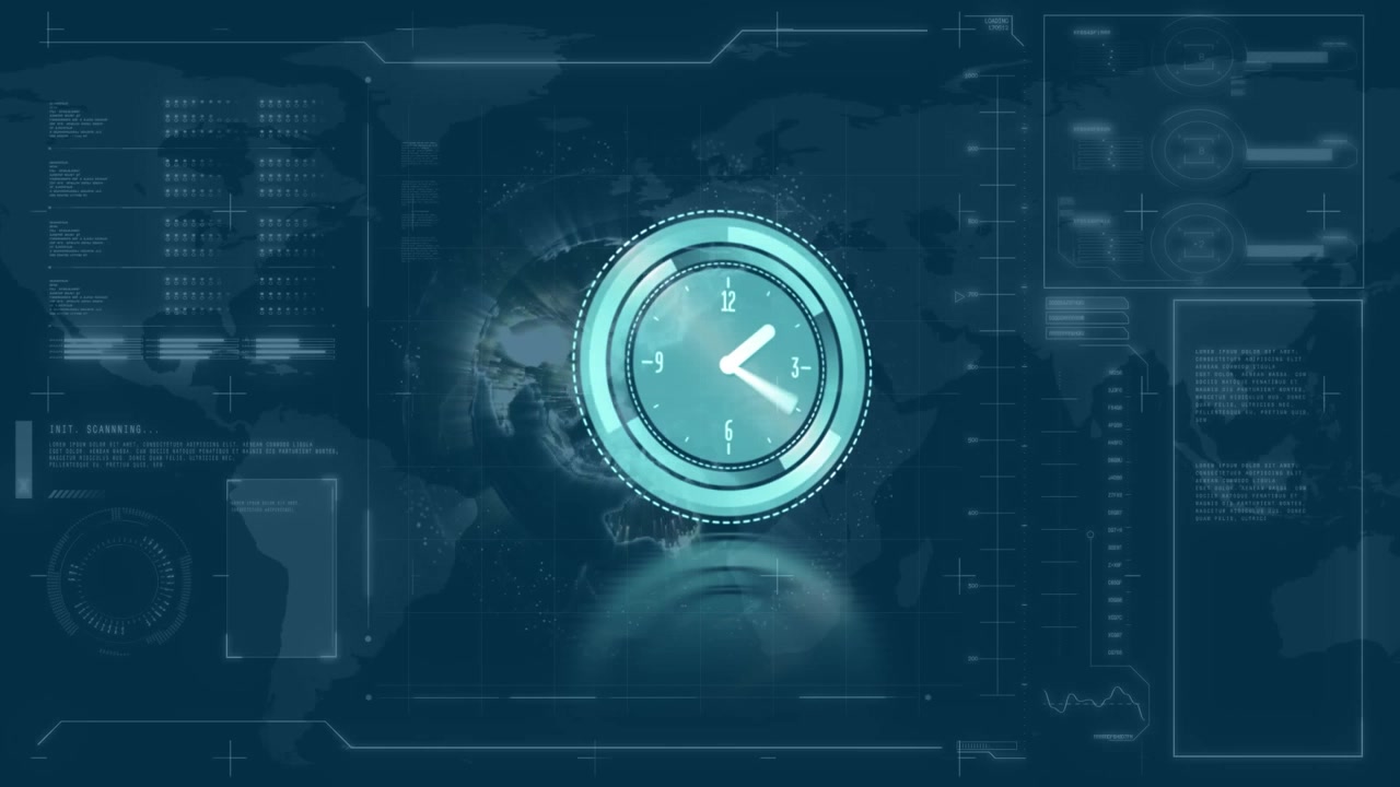 Digital Clock Interface Overlaid on Global World Map HUD
