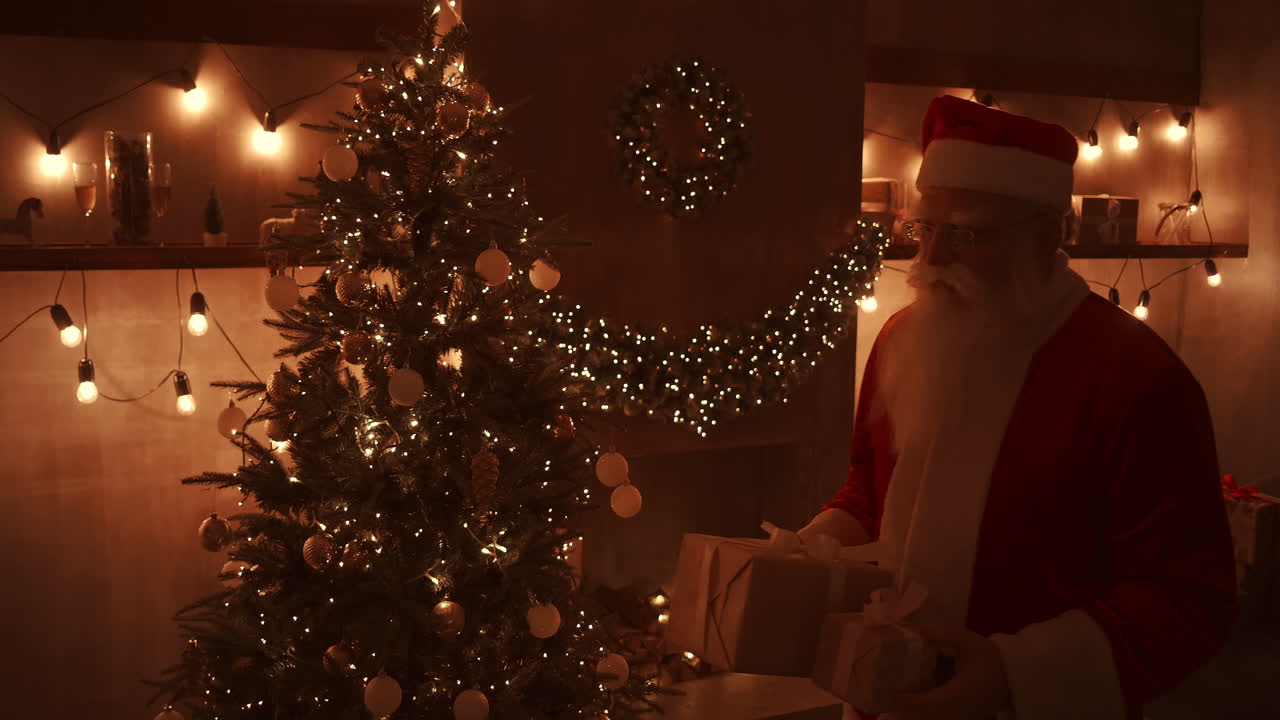 en la noche de navidad, santa entrega regalos a las casas mientras todos están dormidos. santa dejará regalos bajo el árbol de navidad en la casa decorada.