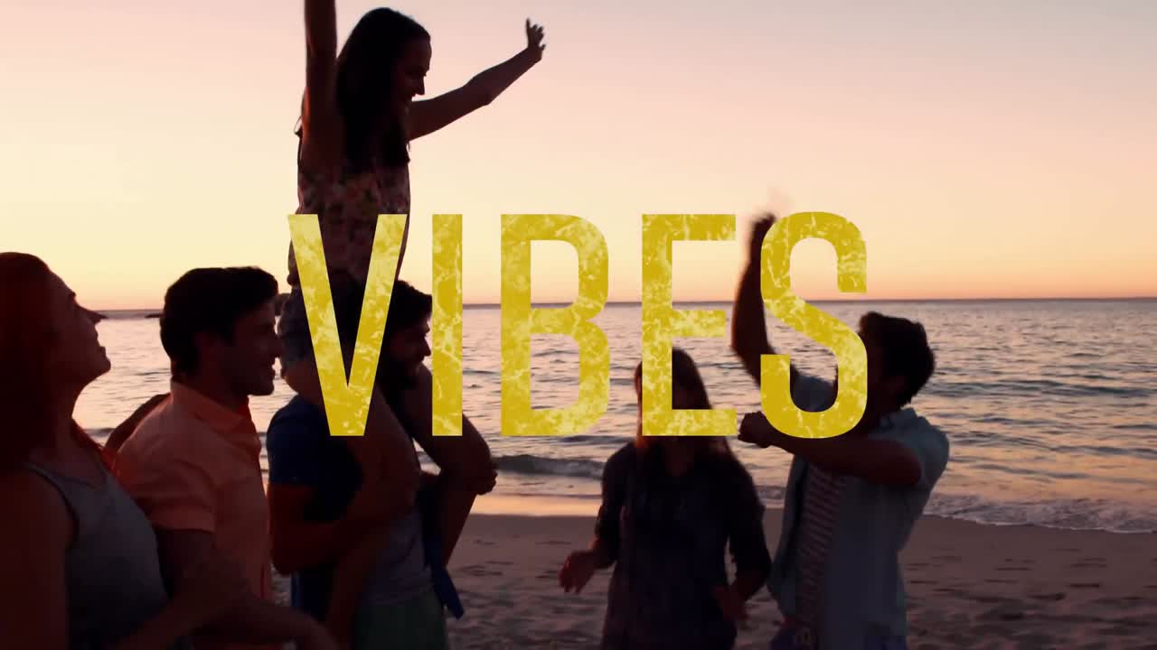 animación de vibraciones de texto sobre la gente en la orilla del mar