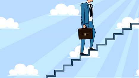 flat cartoon businessman character with case bag goes up the career ladder stairs animation