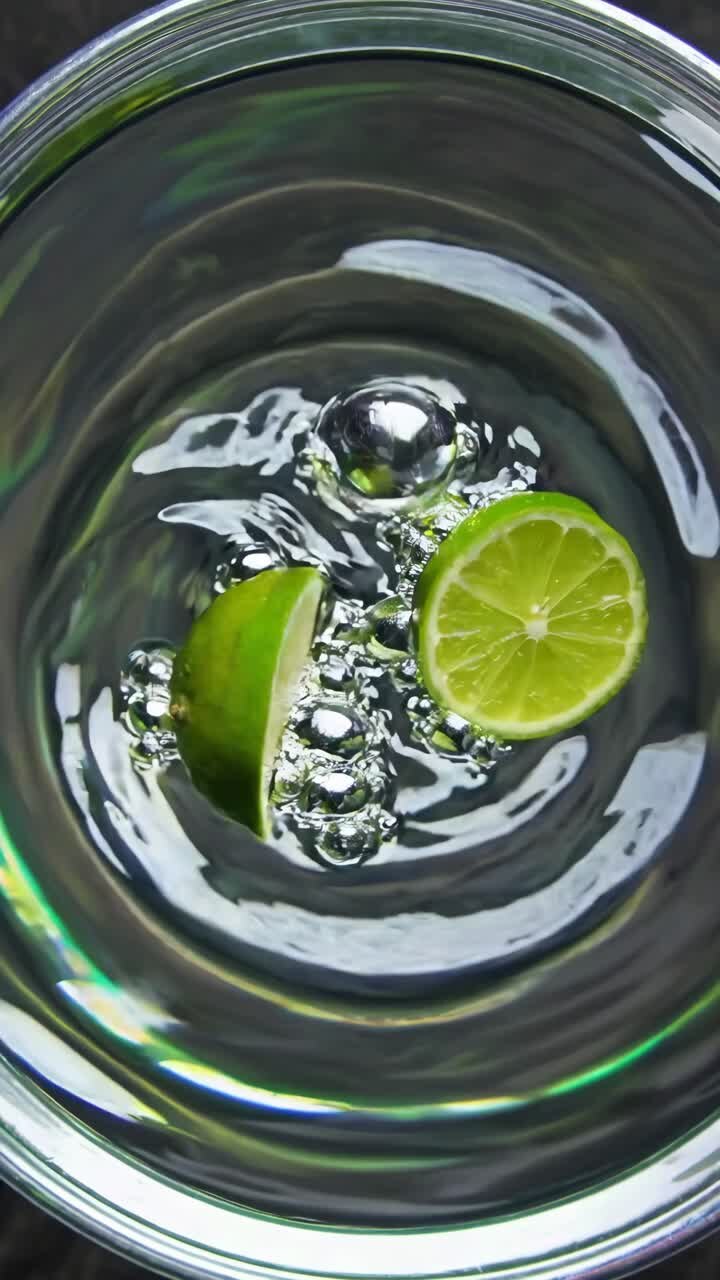 Video dall'alto di fette di lime immerse nell'acqua, che cattura bolle e increspature