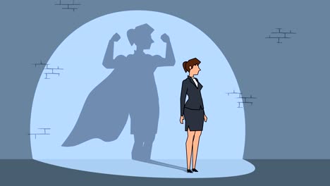 flat cartoon businesswoman character with superhero shadow business concept animation