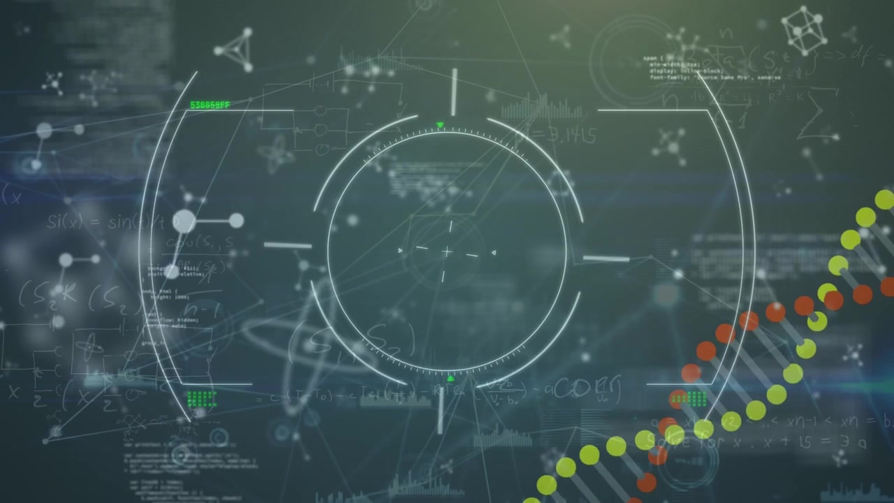 Animation of dna over grey background with diverse data and molecules