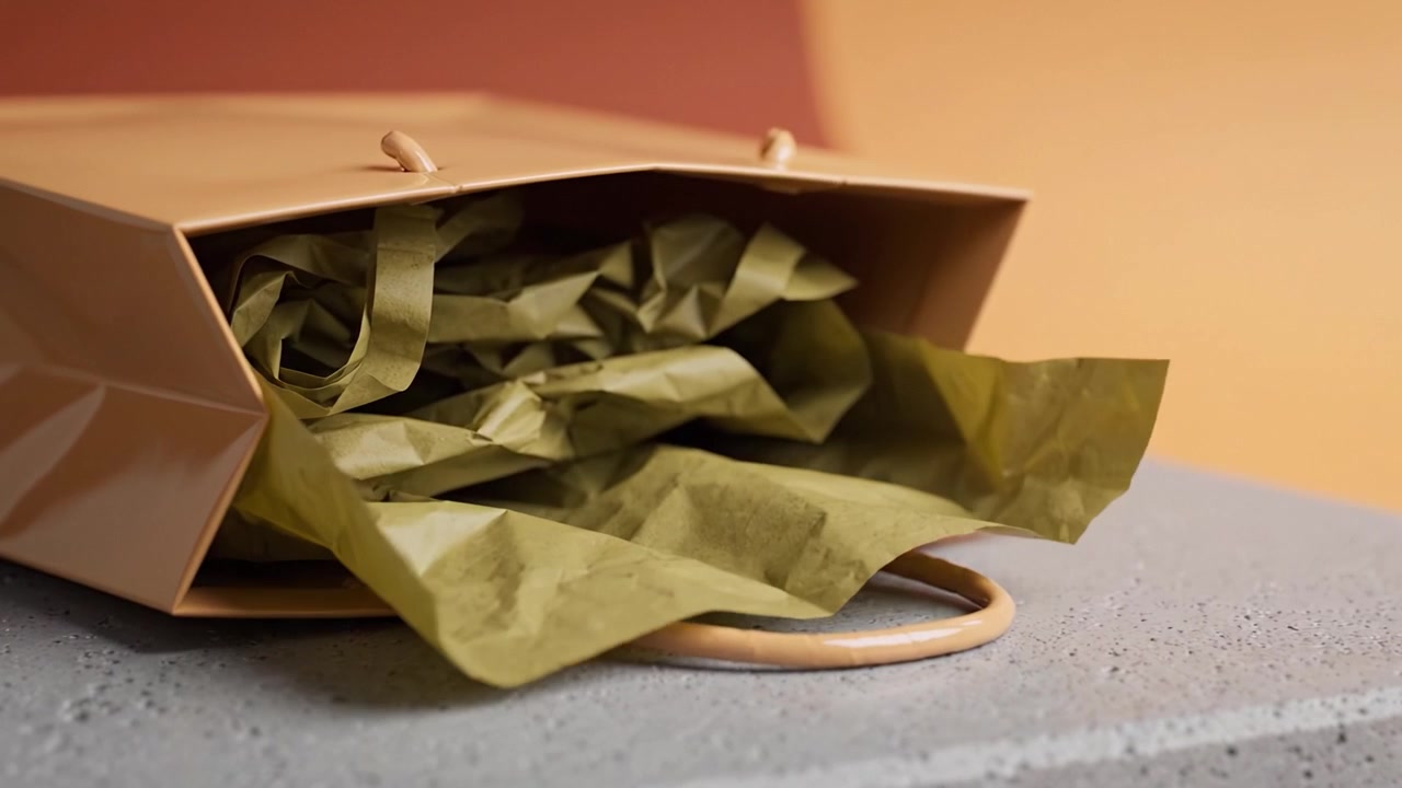 A stylish gift bag opened to reveal crumpled green tissue paper inside, set against a soft gradient backdrop that enhances its elegant and festive appearance.
