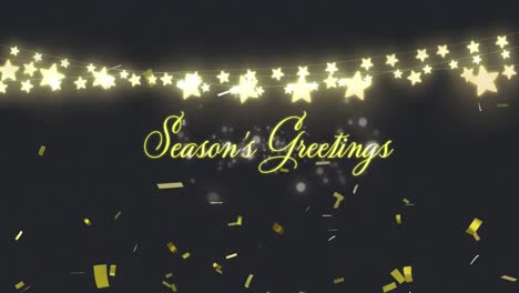 Confetti-falling-over-Seasons-Greetings-text-against-fairy-lights-on-black-background-