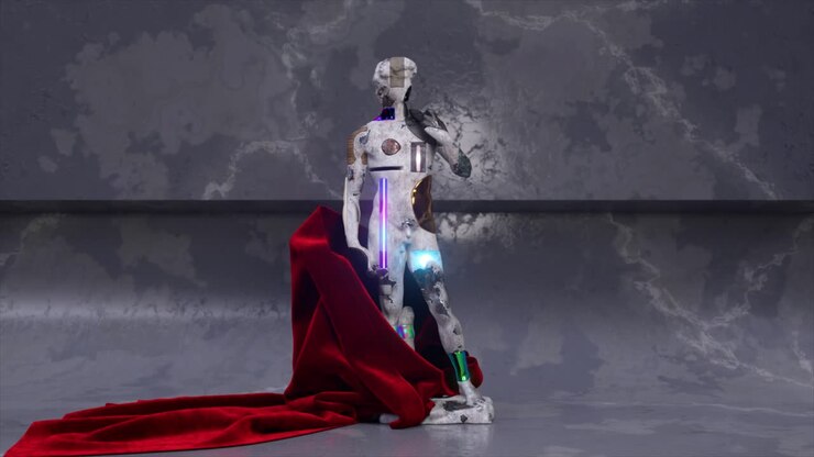 Statua robotica futuristica drappeggiata in velluto rosso