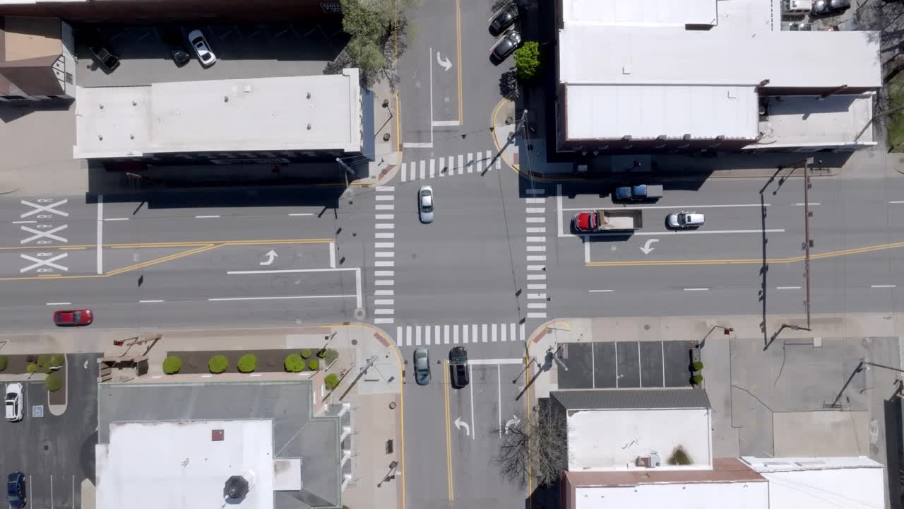Downtown Seymour, Indiana intersection with drone video overhead.
