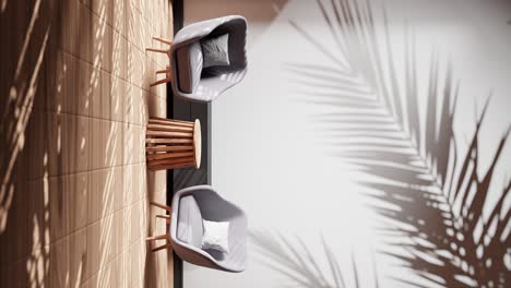 vertical de diseño de interiores moderno apartamento sala de estar con planta árbol hoja sombra en la pared de fondo animación de renderización 3d