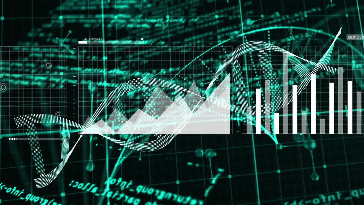 검은 바탕에 있는 dna 가닥 위의 데이터 처리의 애니메이션