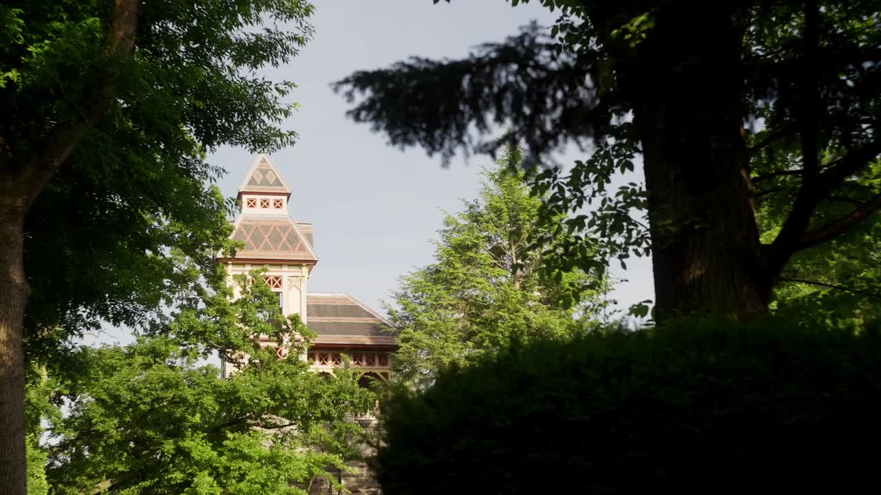 View of an ancient Castle in Central Park framed with trees during daylight.