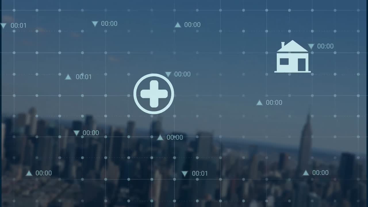 도시 풍경 위의 데이터 처리와 함께 아이콘의 애니메이션