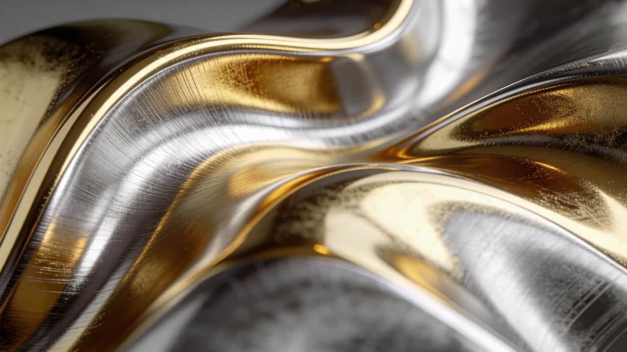 Telecamera che avanza, metallo drappeggiato che si sposta e rivela uno studio di materiale spazzolato, oro e argento.