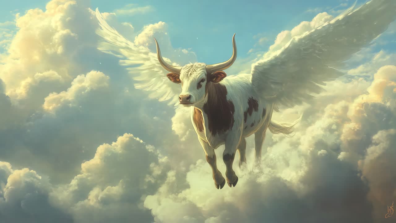 A Flying Longhorn Cow in the Clouds