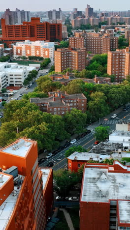 footage above the residential area with green neighborhoods. top view on the cityscape of new york at sunset. vertical video