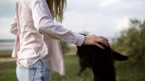 woman's hand stroking black goat outdoors