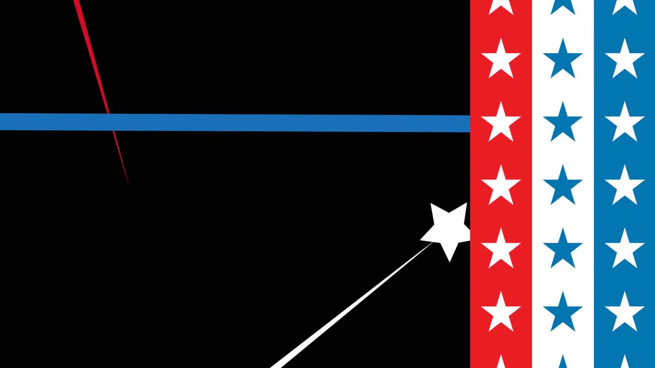 검은 바탕에 별이 있는 파란색, 색, 빨간색 줄무의 애니메이션