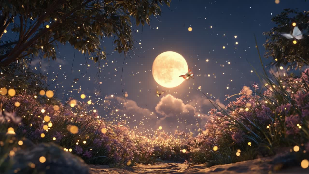 A Serene Nightscape Featuring a Luminous Full Moon, Shimmering Fireflies, Vibrant Butterflies, and Blossoming Flowers in a Magical Twilight Setting