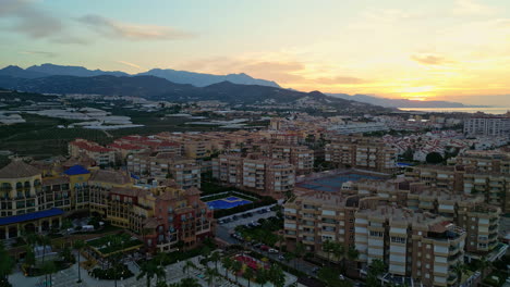 Aerial-shot-of-city-of-Malaga-in-Spain-during-the-sunset