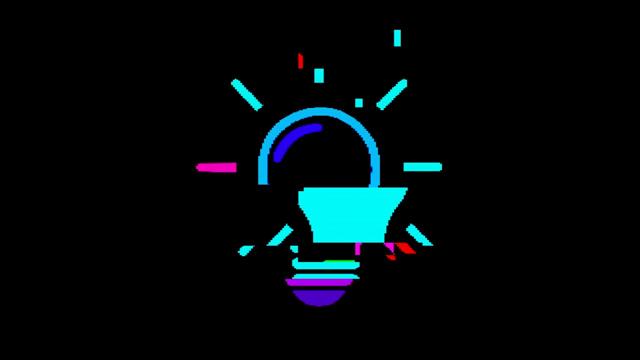 Bright pixel light bulb, idea. Old vintage retro video