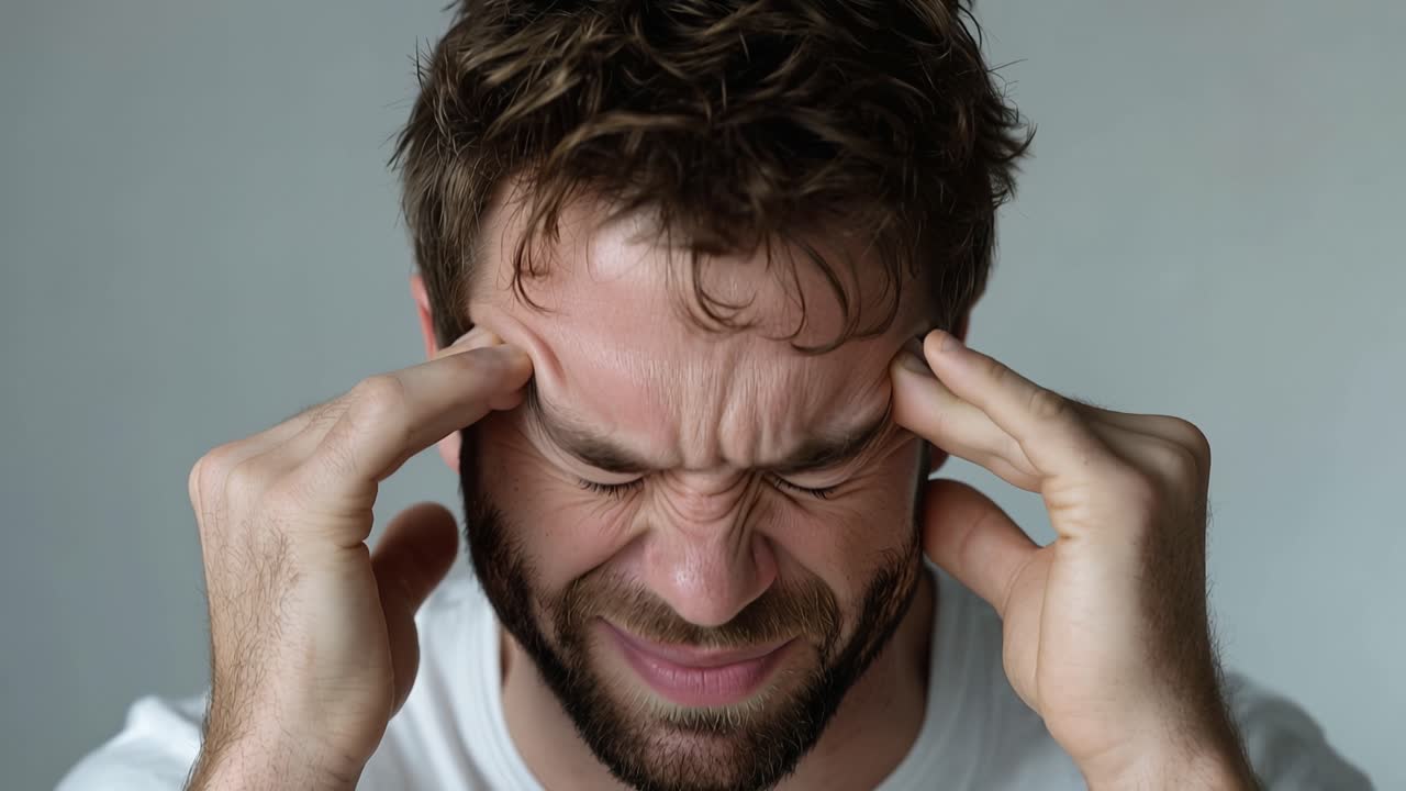 Man grips his head, eyes squeezed shut. His face shows intense pain or stress. He appears overwhelmed by discomfort. Use this for stress, headache, or mental fatigue scenes
