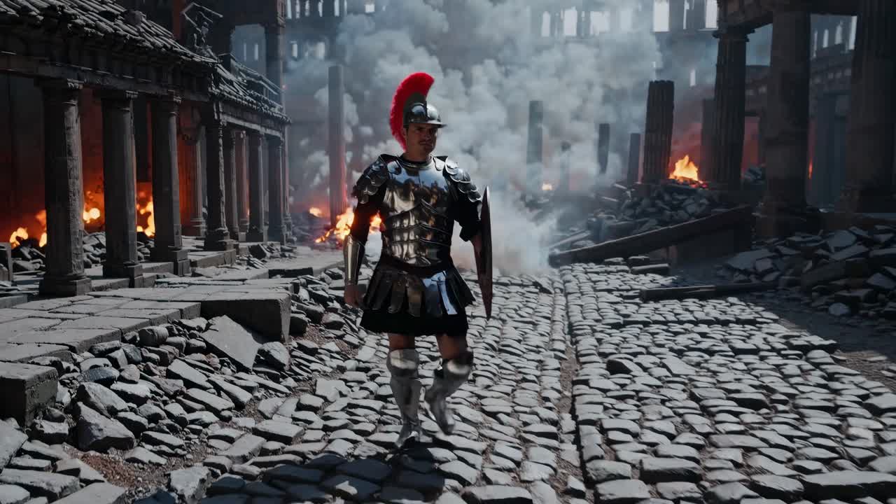 Fermo immagine ravvicinato di un video di un soldato romano in armatura tra rovine e fumo, che cattura una scena drammatica.