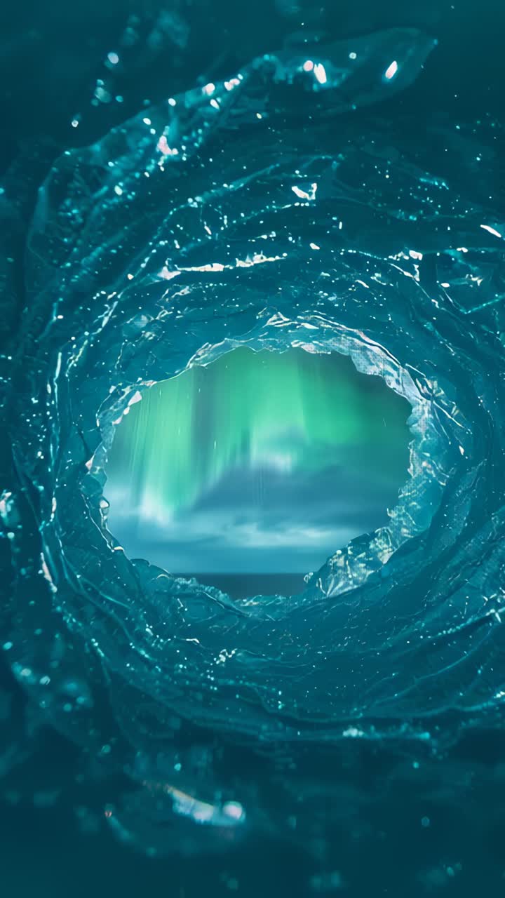 Vertical video: Pulling back camera revealing turquoise ice tunnel opening at polar coast, aurora