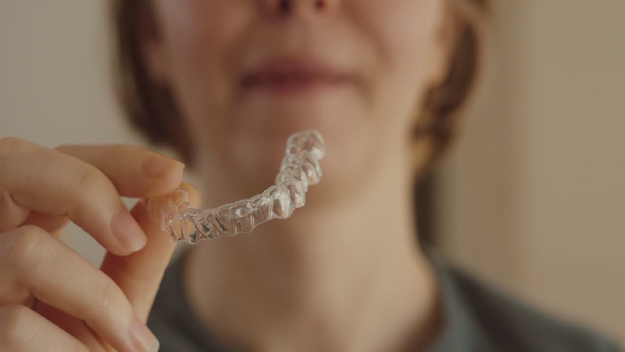 Close-up of a woman holding a transparent dental aligner — modern orthodontic care and clean lifestyle concept