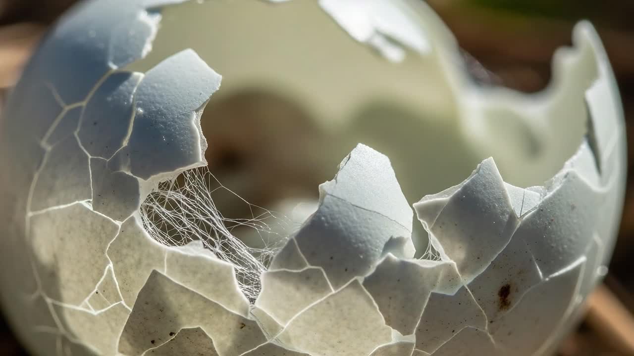 A Close-Up View of a Fragile Eggshell, Cracked and Broken, Exposing the Intricate Details and Texture of Nature's Vessel for New Life