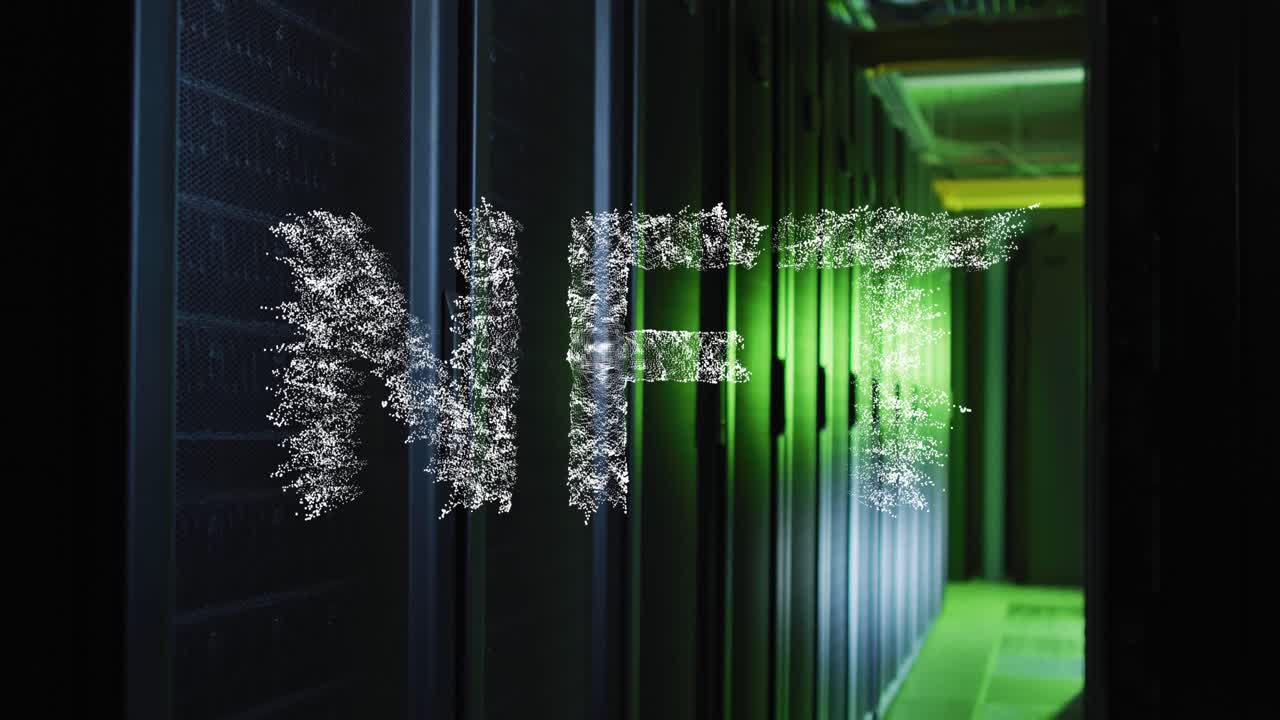 animación del banner de texto de nft contra la sala de servidores de computadora vacía