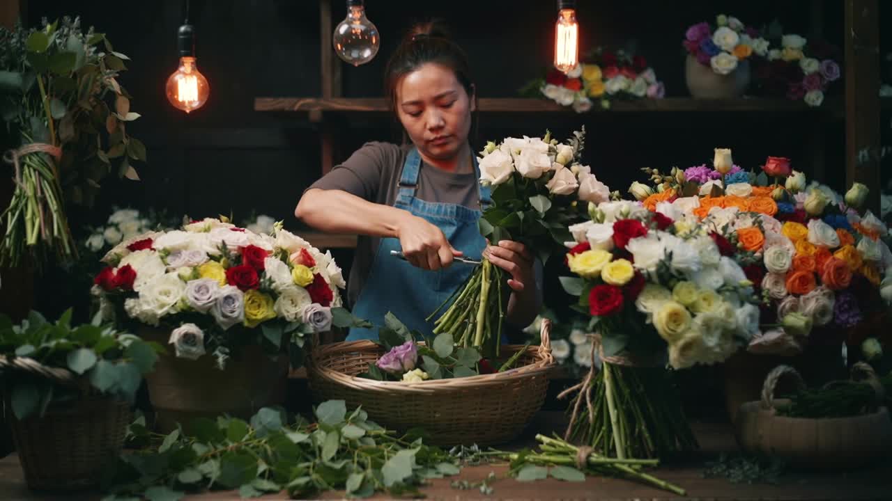 En florist i blått förkläde plockar upp en bunt, putsar stjälkar med en sekatör vid en arbetsbänk och gör en bukett.