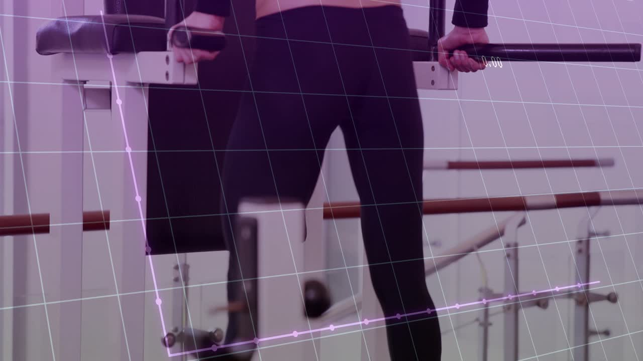 Woman gripping dip bars, doing slow dips in gym, overlay grid updating stats as camera rising