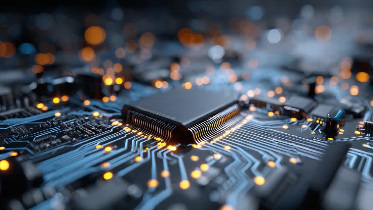 An Intricate Close-Up View of a Modern Circuit Board Featuring Advanced Microchips and Illuminated Connections, Showcasing the Complexity of Electronics