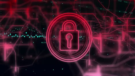 Animation-of-data-processing-over-security-padlock-icon-and-red-light-trails-on-black-background