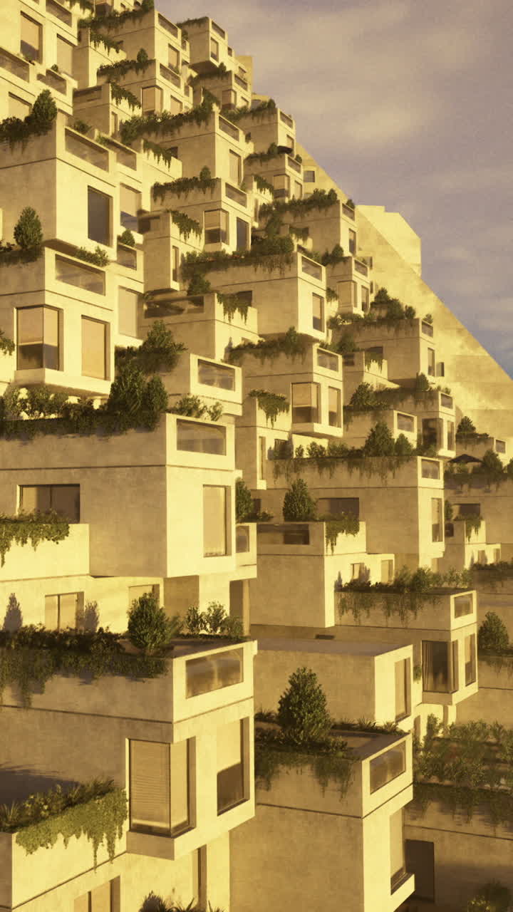 Edifícios em uma colina com vegetação em um cenário urbano moderno ao pôr do sol