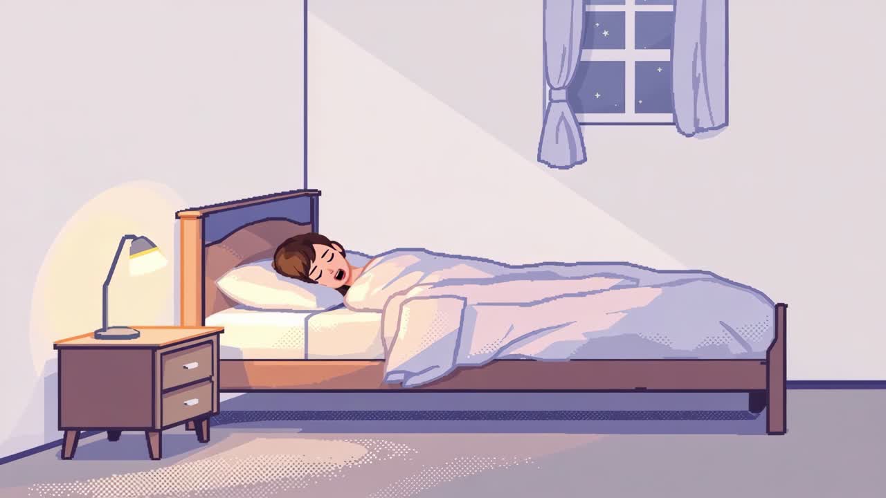 Sleeping woman in cozy bedroom, wrapped in soft blankets, illuminated by warm bedside lamp, showcasing peaceful night scene with gentle ambiance and serene atmosphere