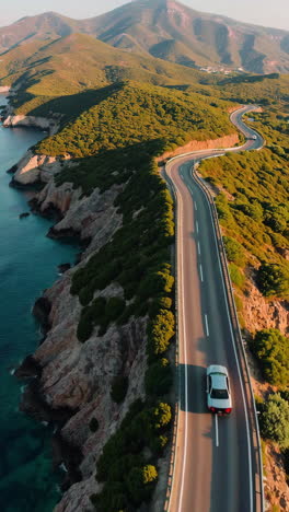 scenic coastal road trip: car driving along a winding highway by the sea