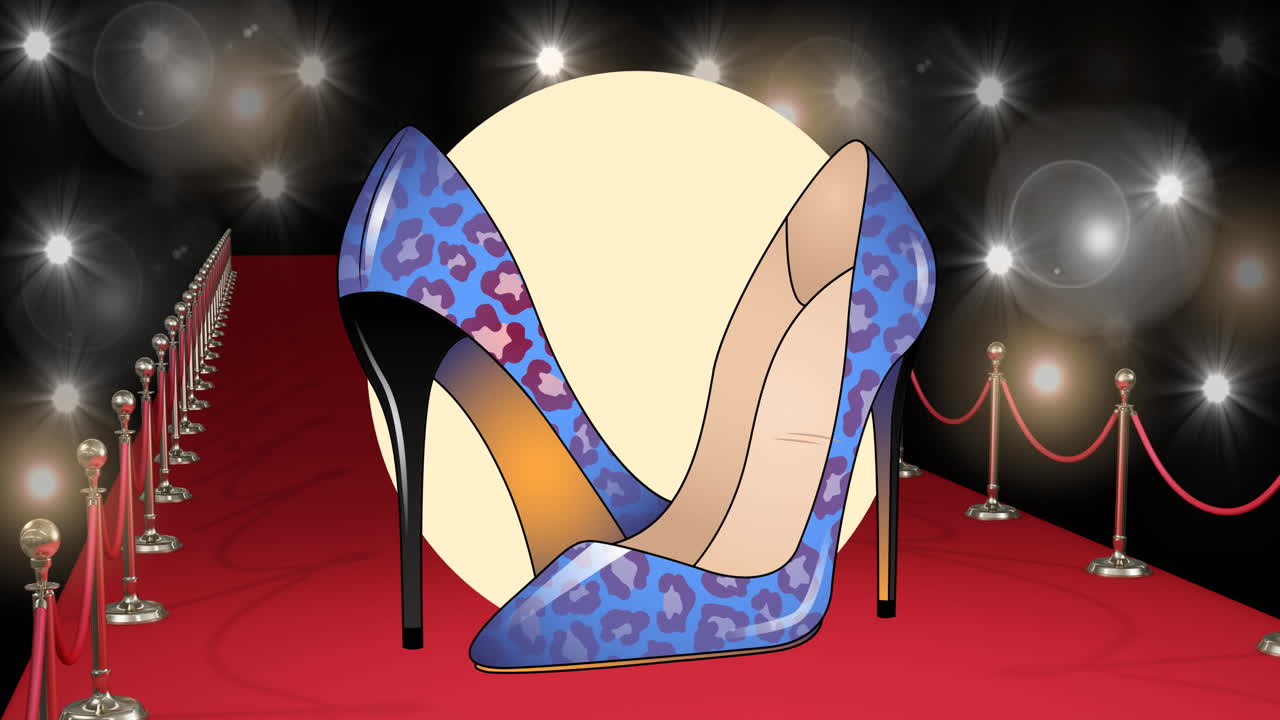 animación del icono de los zapatos en la alfombra roja en un desfile de moda, sobre un fondo negro