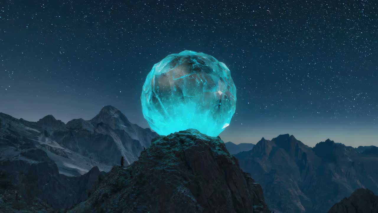 Mystical Glowing Blue Orb on a Mountain Peak Under a Starry Night Sky