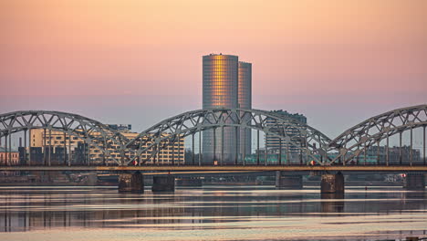 time-lapse-breaking-dawn-over-Riga,-Latvia