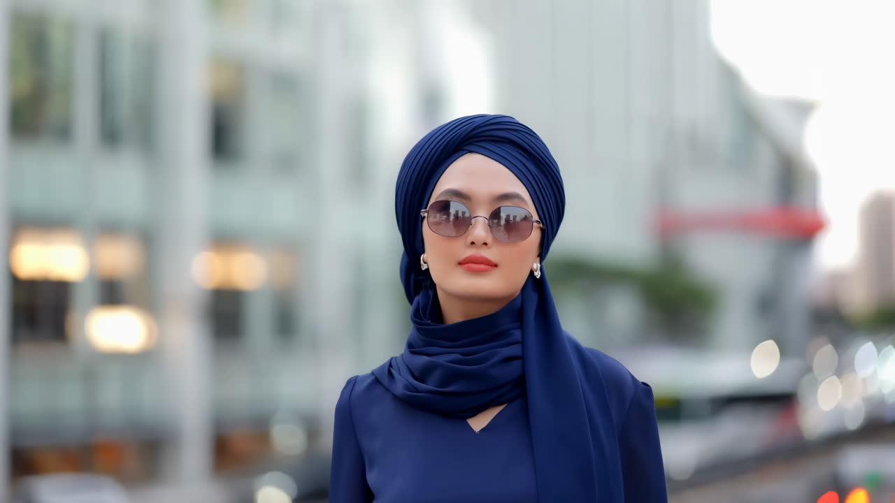Wanita Muslimah Modis Berhijab Biru dan Berkacamata Hitam Berpose di Kota