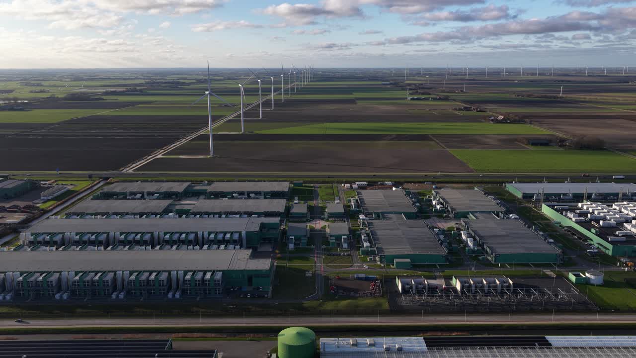 European hyperscale datacenter in The Netherlands with AI and cloud computing aerial drone video