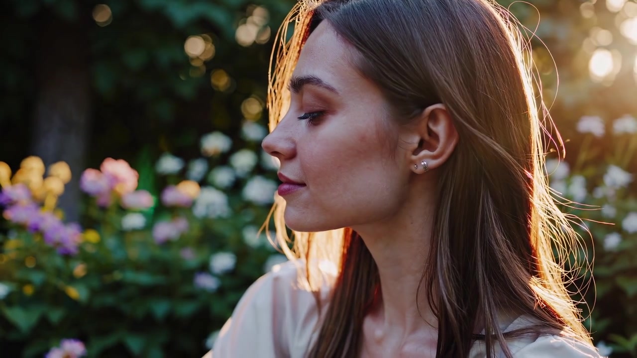 Profilo di giovane donna illuminato dalla luce dorata del sole in un giardino