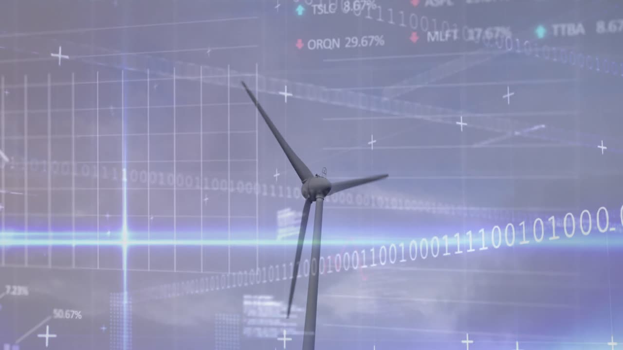 회색 하늘을 배경으로 회전하는 풍차를 통해 통계, 주식 시장 데이터 처리의 애니메이션